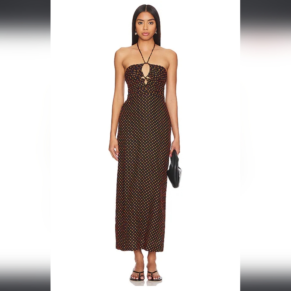 Faithfull the brand Black and Gold Polka Dot Midi Dress